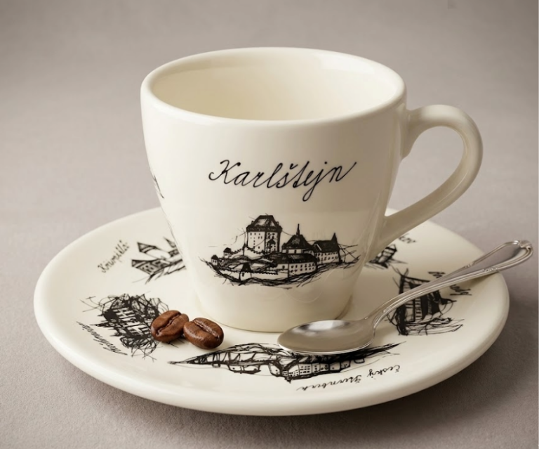 Detailní pohled na bílý porcelánový hrnek na kávu s černobílým potiskem hradu Karlštejn a dalšími ikonickými hrady České republiky, doplněný o elegantní kaligrafický nápis názvu hradu.