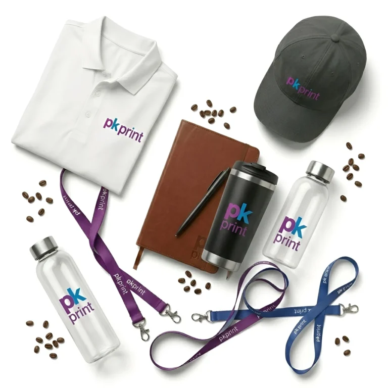 Profesionální reklamní předměty pkprint: bílá polokošile s výšivkou, kšiltovka s vyšitým logem , lanyard s potiskem , skleněná láhev na pití s potiskem loga, termohrnek s logem pkprint a poznámkový blok s elegantní ražbou.