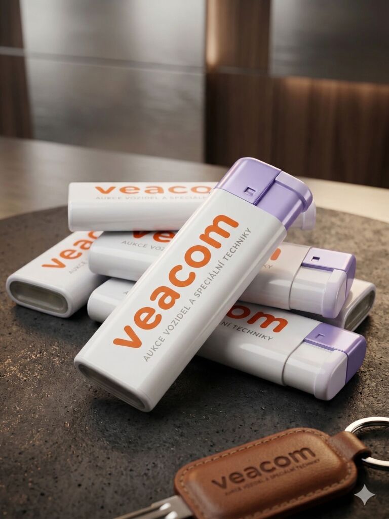 Sada bílých reklamních zapalovačů s oranžovým logem Veacom a nápisem Aukce vozidel a speciální techniky na tmavém profesionálním povrchu.
